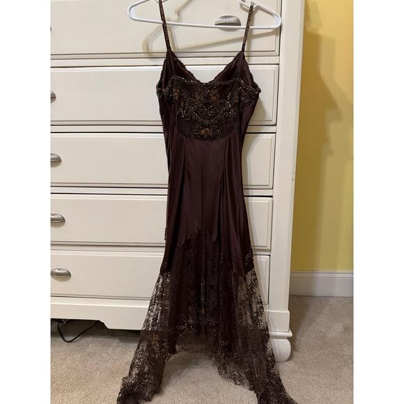 Cache Y2K Vintage 100% Silk Brown Lace Beaded Victorian Flapper Style Dress 4 - Picture 9 of 10